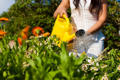 Gardening technician pruning a hedge during maintenance visit